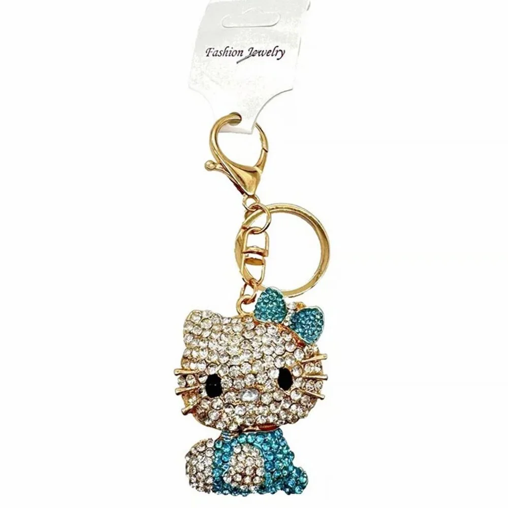 Hello Kitty Rhinestone Key Chain Bling Bag Charm Blue +Gold Purse Fob Head Moves